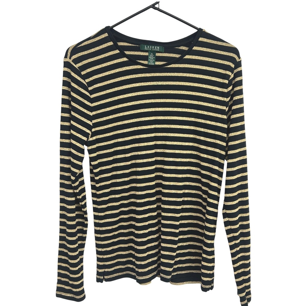 Lauren Ralph Lauren Striped Metallic Knit Top‎ XL Black Gold Holiday Preppy Glam
